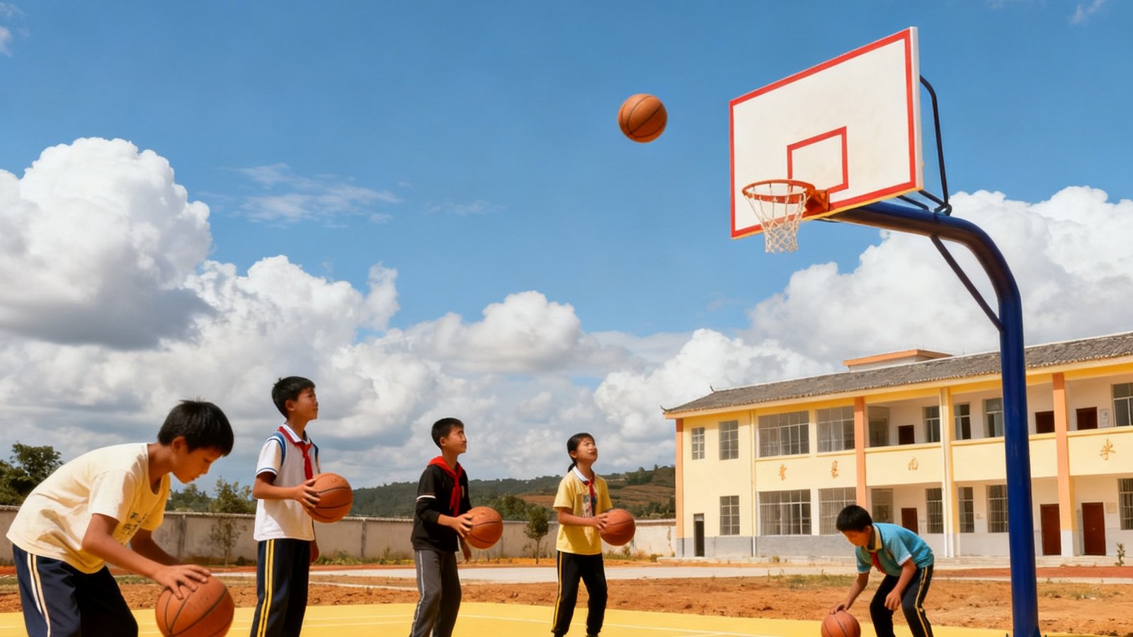智博1919公益项目中，乡村学校的孩子们在新建成的篮球场上快乐地运球投篮。